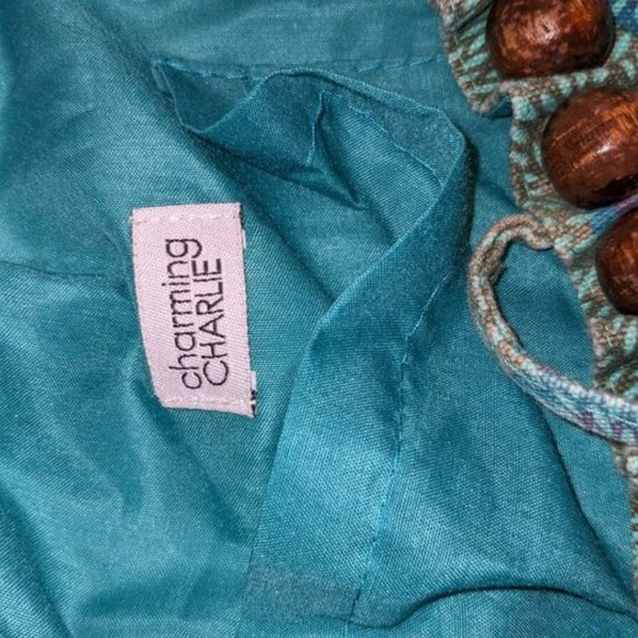 Charming Charlie Turquoise Green Hobo Bag - Tote - with Wooden Bead Handles - Picture 3 of 6